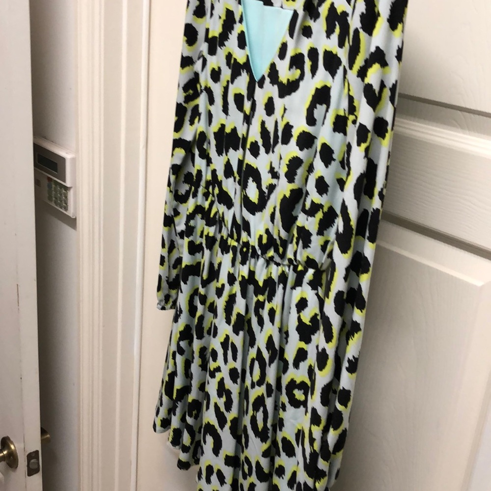 Neon yellow with black print dress.